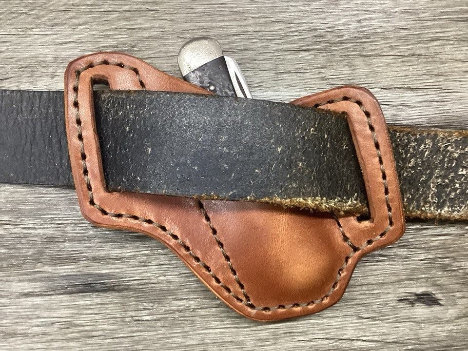 Bridle Leather Folding Pocket Knife Sheath Trapper(Sheath Only)